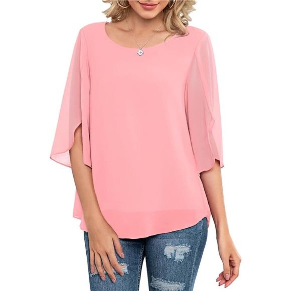 Womens Casual Scoop Neck Loose Top 3/4 Sleeve Chiffon Blouse Shirt Tops